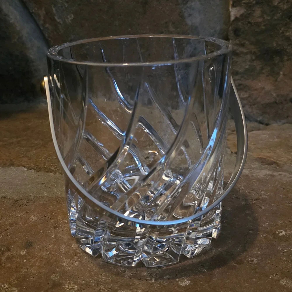 Mikasa English Crystal Ice Bucket Swirl Cut Heavy Glass Silver Handle Barware